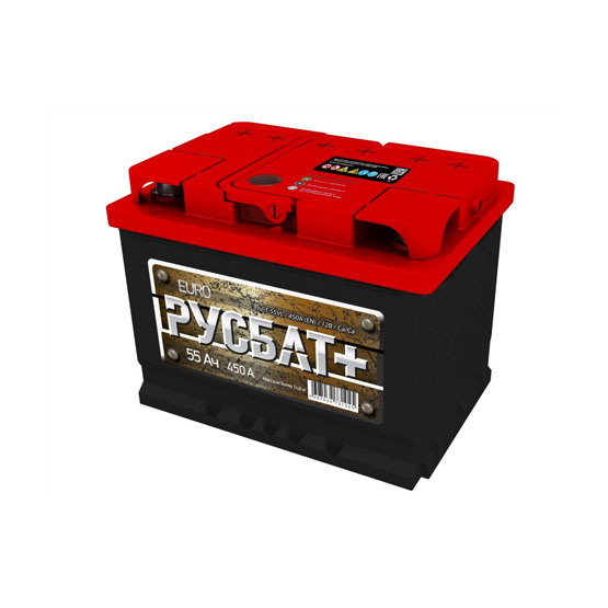 РУСБАТ+ 55 A/h 450 A R+ 6СТ-55 242x175x190 мм - 1