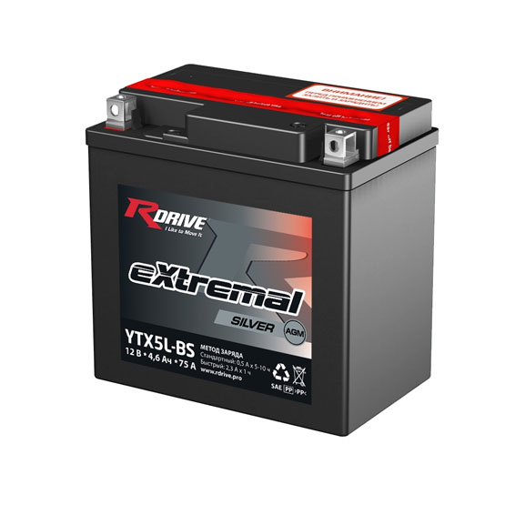 RDrive eXtremal Silver YTX5L-BS 4.5 A/h 75 A R+ 130x70x105 мм - 1