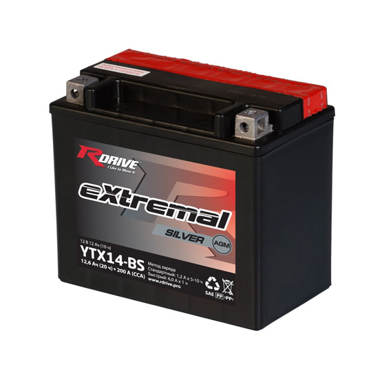 RDRIVE eXtremal Silver YTX14-BS 12 A/h 200 A L+ 150x87x145 мм - 1