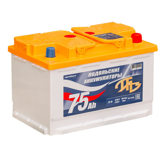 Подольские аккумуляторы 75 A/h 670 А R+ 278x175x190 мм - 1