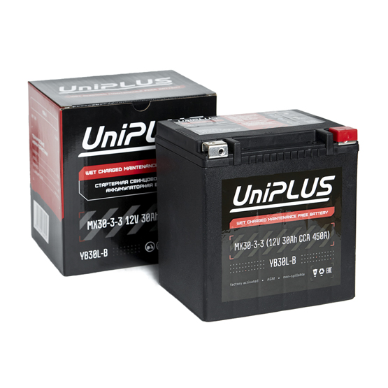 UniPlus AGM MX30-3-3 30 A/h 450 A R+ YB30L-B 170x133x175 мм - 1